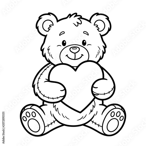 Cute teddy bear holding heart outline illustration for valentine's day