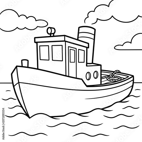 Black and white illustration of a tugboat on water
