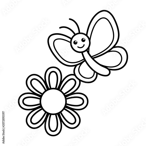 Cartoon butterfly and daisy flower outline illustration