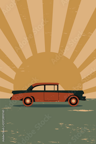 A stylized vintage two tone car is shown on a flat ground. Behind the car, a bold sunburst design fills the upper half of the frame, evoking a retro travel poster from a bygone era.