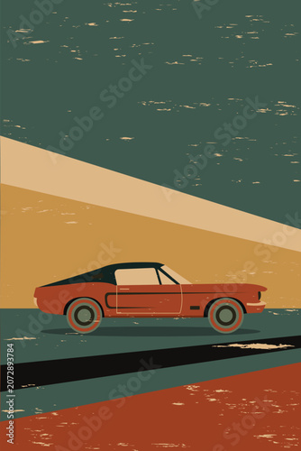 A classic American muscle car, an orange coupe with a black roof, rests on a stylized road.