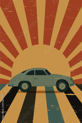 A stylish retro car, colored in teal, drives on a patterned road. Above, a sunburst design with orange and red rays fills the sky.