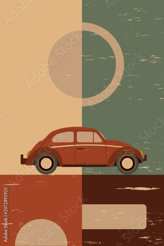 A minimalist illustration displays a vintage brown car with a distressed texture.