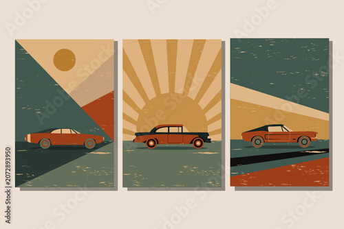 A triptych of three vertical posters showcasing different old cars in a vintage, distressed style.