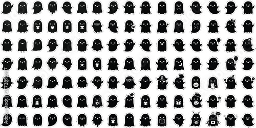 Silhouette of cute ghost characters in various poses and expressions