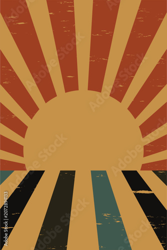 A retro graphic features a distressed sunburst in warm colors above a striped floor pattern. The design evokes a vintage feel, perfect for backgrounds and posters.