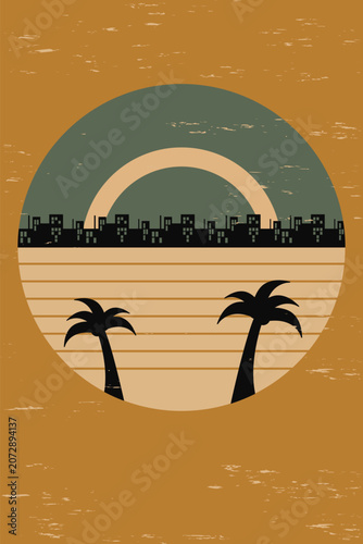 A retro urban landscape design depicts a cityscape with towering buildings silhouetted against a setting or rising sun within a circular frame. Two dark palm trees rise from striped terrain.