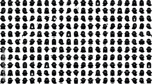 Silhouette of various black ghost emojis on white background