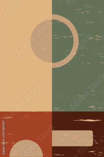 A modern abstract background shows four colored panels. Light beige, olive green, burnt orange, and dark brown panels feature circles and rectangles.