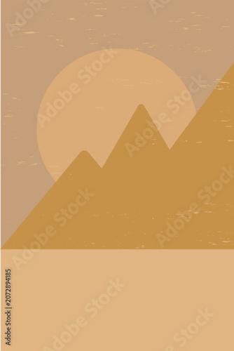 Abstract art depicting a desert mountain range at sunset or sunrise. A large round sun casts a warm glow over geometric peaks and a calm foreground, showcasing a vintage style.