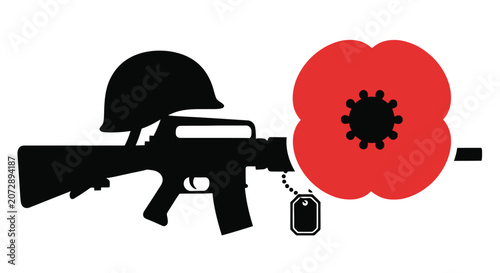 Quadro su tela Silhouette of assault rifle with helmet and red poppy flower on white background