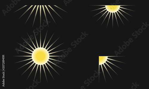 Set of stylized sunburst radiance elements and sunset design motifs. Versatile collection. Vector illustration, isolated on black.
