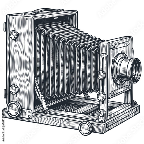 Vector engraving illustration of a vintage wooden large format bellows camera. Retro photography equipment monochrome graphic isolated on white.