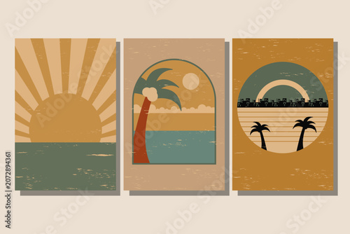 Three distressed posters show abstract coastal scenes. The first features a sunburst over water. The second depicts a palm tree by the ocean under a sun.