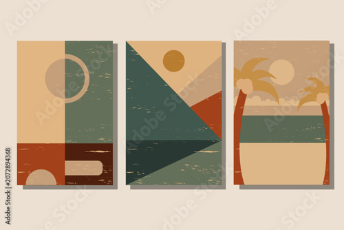 Three vertical artworks present abstract vintage designs. The first shows geometric shapes in muted tones. The middle piece features abstract mountains, water, and sun.