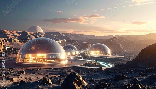 A futuristic colony on a rocky planet with domed habitats