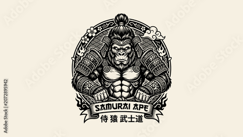 Photography Samurai ape vector illustration featuring a fierce gorilla warrior in traditiona