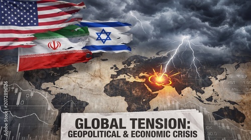 America, iran, israel flag over world map showing dark storm cloud lightning strike bright explosion representing global military conflict economic crisis geopolitical war tension middle east