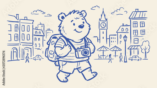 Foto Hand drawn vector illustration of a cute bear tourist with a backpack and camera