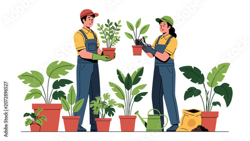 Obraz na plátně Gardening Together: A man and woman in work clothes carefully tend to a collection of potted plants, surrounded by lush greenery, watering can, and soil bag