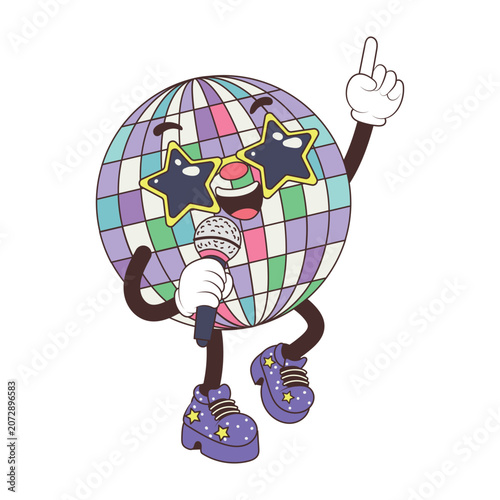 Cute singing disco ball vector mascot in flat comic style with star glasses and microphone for retro karaoke nightlife music party concept isolated on white background.