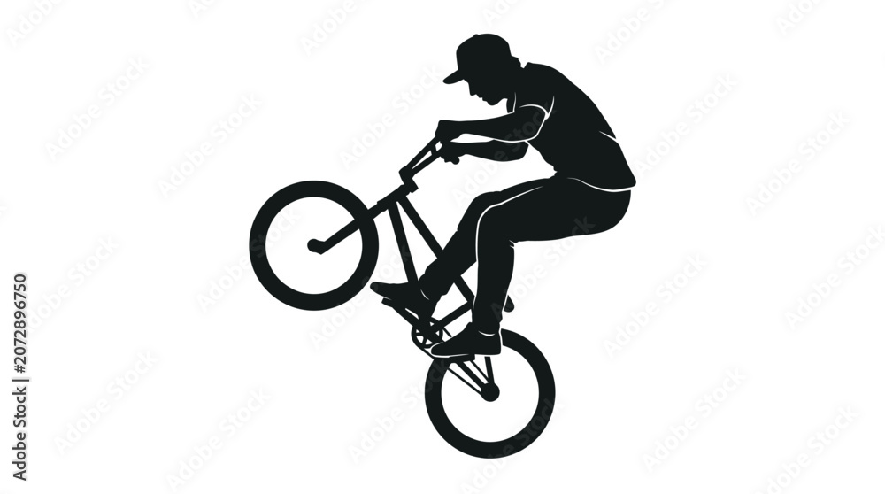 Naklejka premium Minimalist black vector illustration showing a stylish young man performing a cool bmx bike stunt