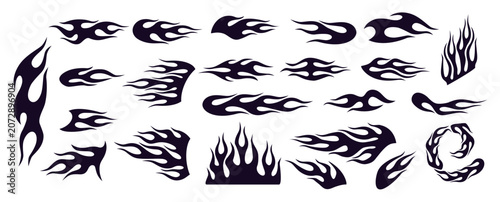 Flame decal silhouettes with black tribal fire shapes, sharp racing blaze graphics and curved burning icons for motorcycle stickers, automotive tuning, tattoo and logo design