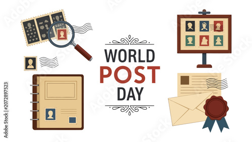 Konstfotografi World Post Day Celebration: A collection of philatelic items, including stamps, envelopes, a magnifying glass, and a display board, celebrating World Post Day