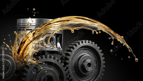 Engine oil lubricant splash over metal gears and piston in an automotive engine.