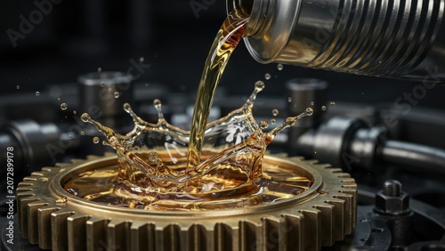 Engine oil pouring from a can onto a metal gear, creating golden splashes in a dark industrial environment.