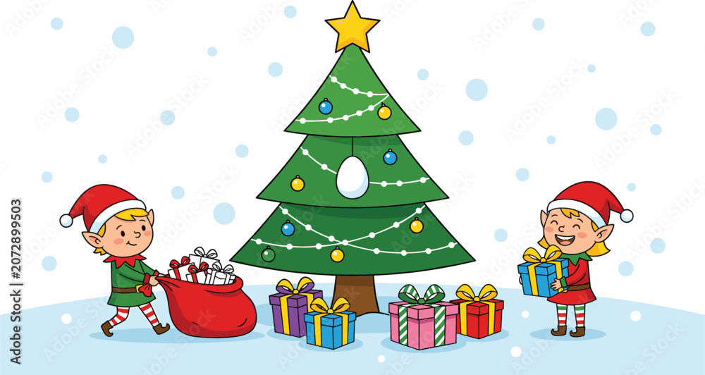 Fototapeta premium Christmas Vector Background Featuring Cute Cartoon Elves Decorating a Holiday Tree and Placing Wrapped Gift Boxes in a Snowy Winter Wonderland Setting
