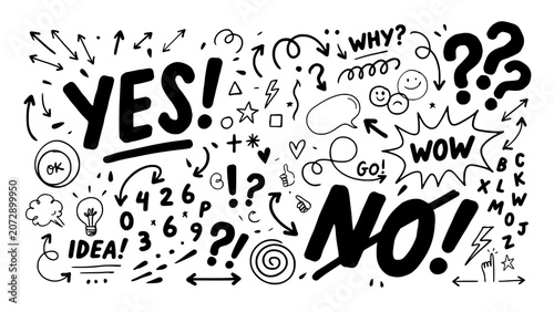 Symbols and Doodles with Words Like Yes and No in a Chaotic Design Featuring No, Illustration, Abstract with Art and Creative