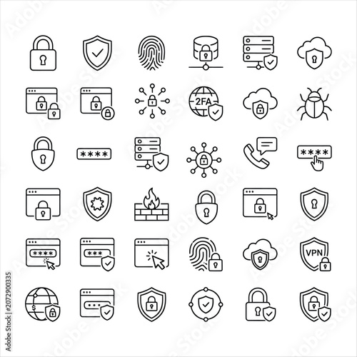 Cyber security and data protection line icons set