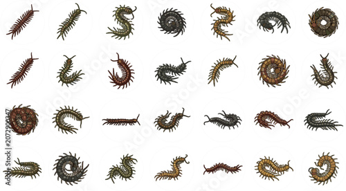 Εκτύπωση καμβά Detailed Cartoon Centipede and Millipede Collection Set with Various Poses and C