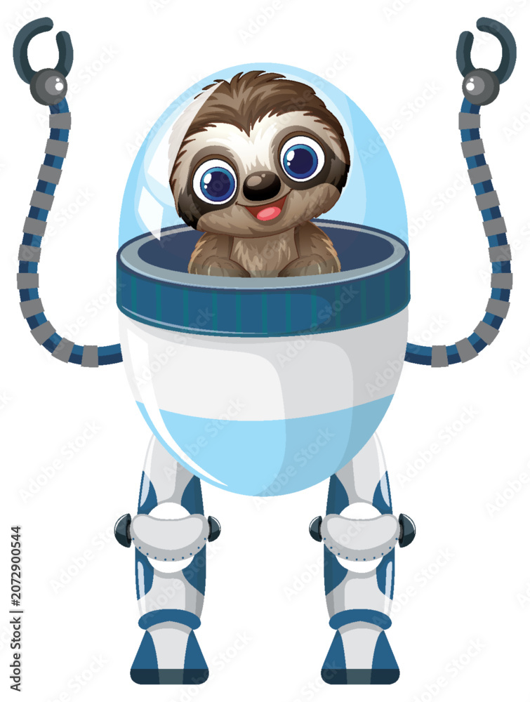 Fototapeta premium Cute Cartoon Sloth Character Operating a Futuristic Bipedal Robot Suit