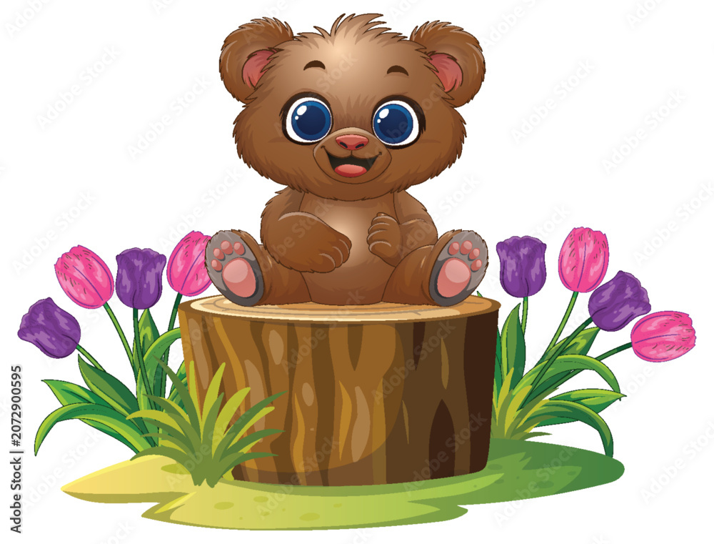 Obraz premium Cute Cartoon Baby Bear Sitting on a Tree Stump with Tulips