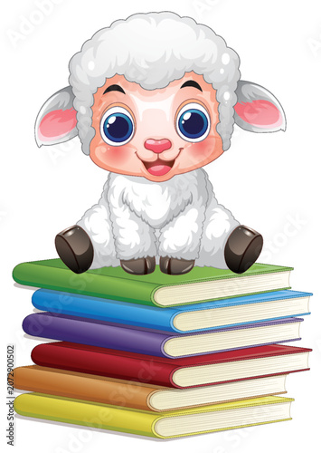 Cute Cartoon Lamb Sitting on a Stack of Colorful Books