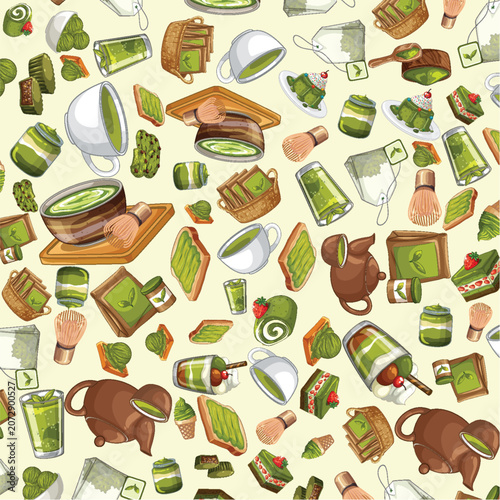 Seamless Vector Pattern of Japanese Matcha Green Tea and Desserts
