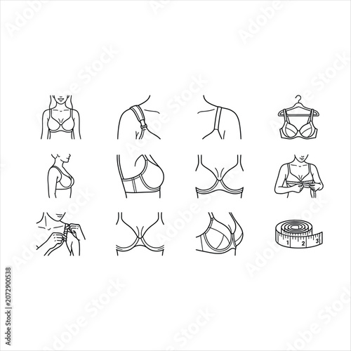 Set of bra icons, lingerie measurement and fitting guide, vector line illustration