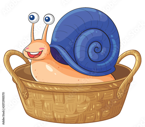 Cartoon Snail with Blue Shell Sitting Inside a Woven Basket