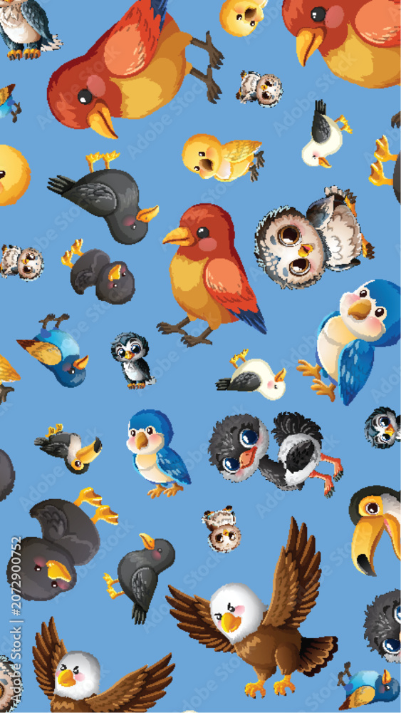 Fototapeta premium Seamless Vector Pattern of Cute Cartoon Birds on Blue Background