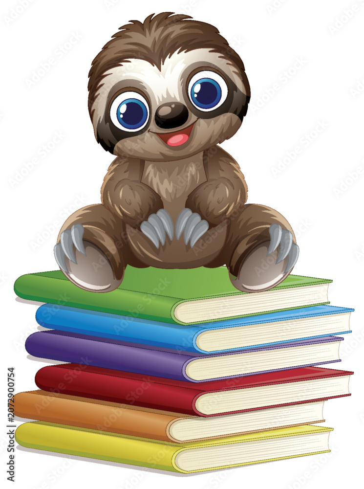 Fototapeta premium Cute Cartoon Sloth Sitting on a Stack of Colorful Books