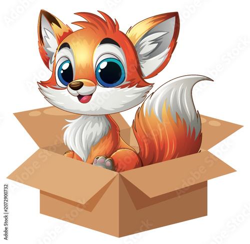 Cute Cartoon Baby Fox Sitting Inside an Open Cardboard Box