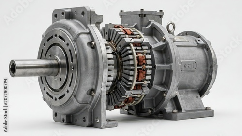 Large industrial electric motor with internal winding visible isolated on white background