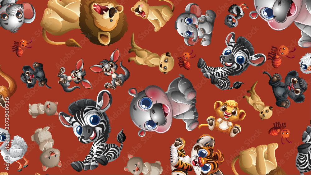 Fototapeta premium Seamless Pattern of Cute Cartoon African Safari Animals on Brown Background