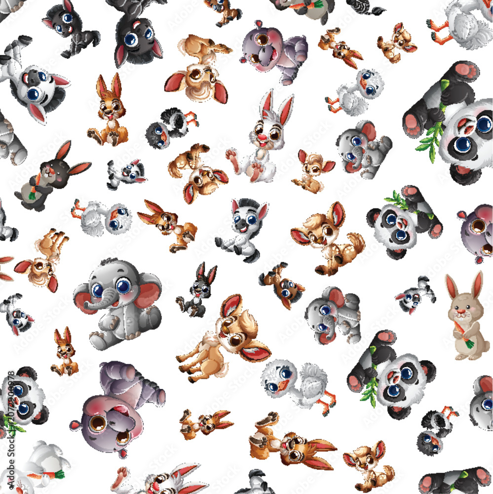Obraz premium Seamless Vector Pattern of Cute Cartoon Safari and Forest Animals