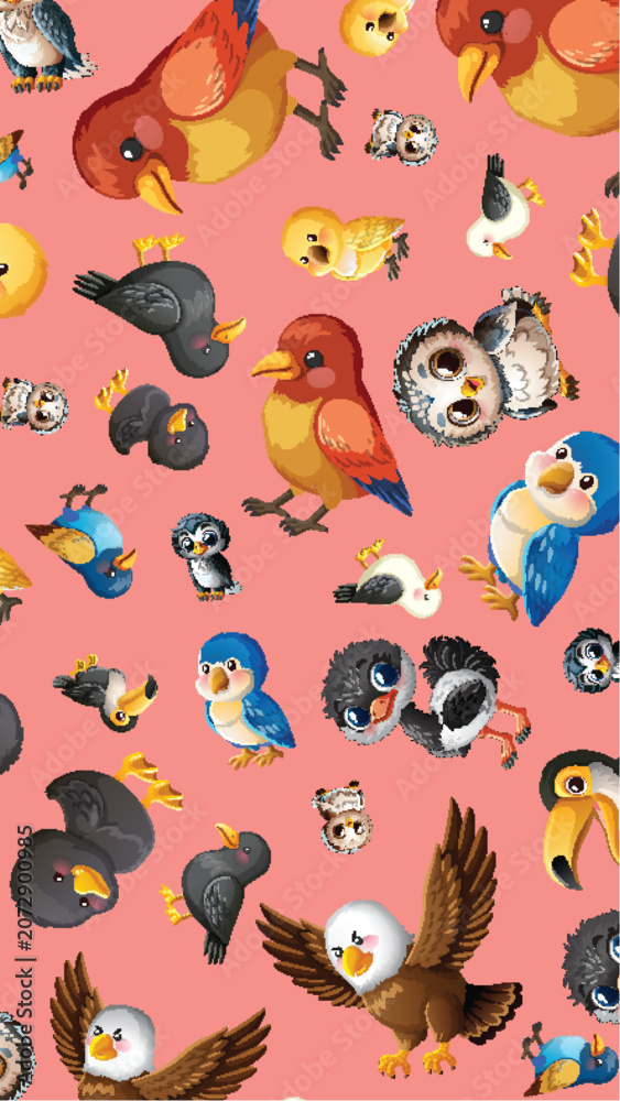 Obraz premium Seamless Pattern of Cute Cartoon Birds on Pink Background