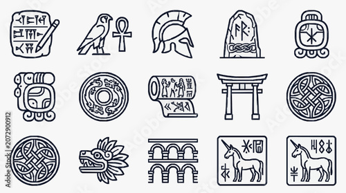 Quadro su tela Elegant Black and White Line Art Collection of Ancient Symbols Glyphs and Cultur
