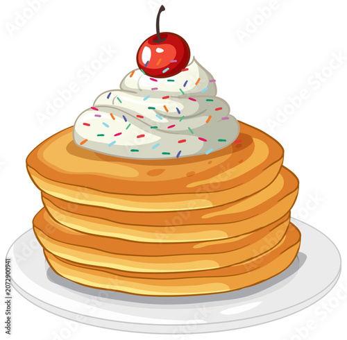 Stack of Golden Pancakes with Whipped Cream and a Cherry