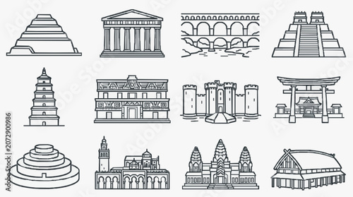 Bild auf Leinwand Elegant Black and White Line Drawing Collection of Iconic World Landmarks and Ar